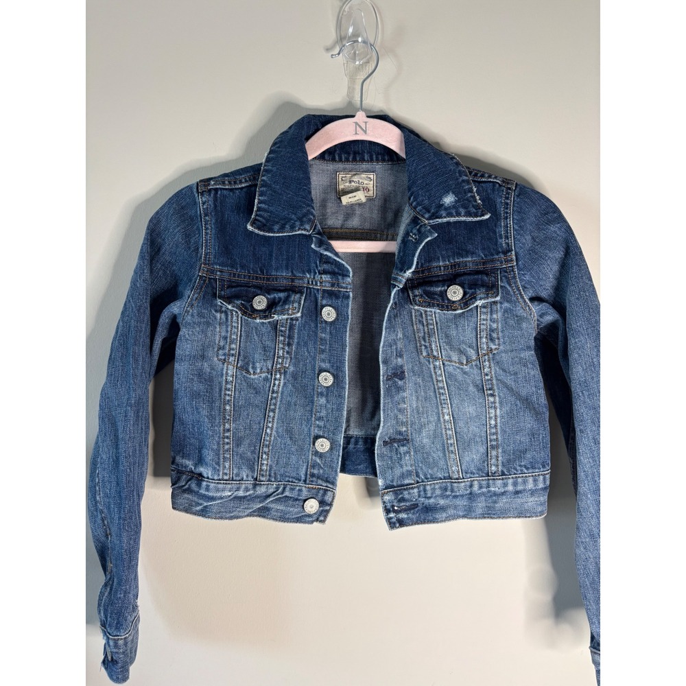 Polo Ralph Lauren Girls Denim Trucker Jacket Medium Wash Distressed Size 10